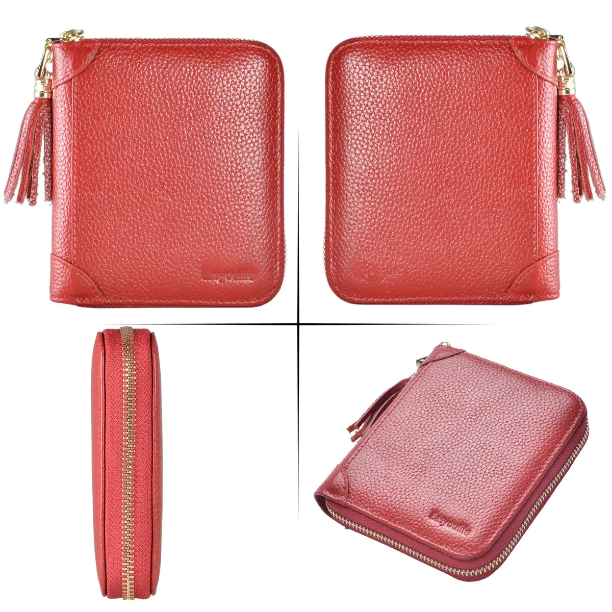 Easyoulife Womens Genuine Leather RFID Blocking Card Holder Wallet with Zipper, 40 Card Slots & 2 ID Windows | Red - view 6
