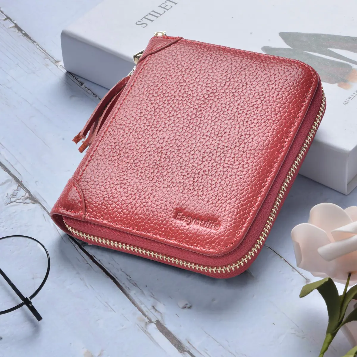 Easyoulife Womens Genuine Leather RFID Blocking Card Holder Wallet with Zipper, 40 Card Slots & 2 ID Windows | Red - view 2
