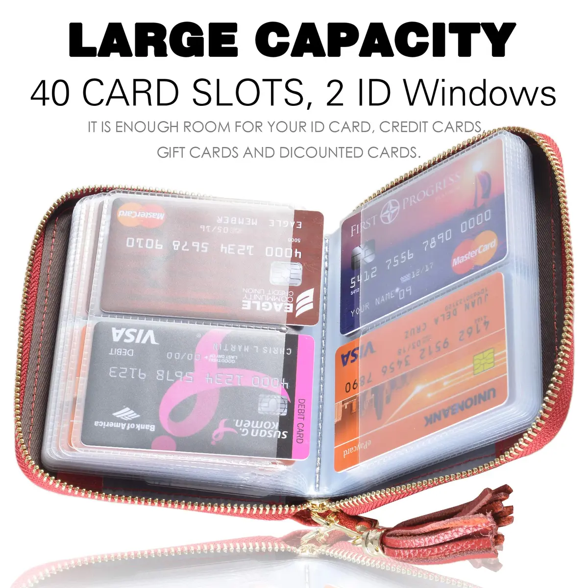 Easyoulife Womens Genuine Leather RFID Blocking Card Holder Wallet with Zipper, 40 Card Slots & 2 ID Windows | Red - view 3