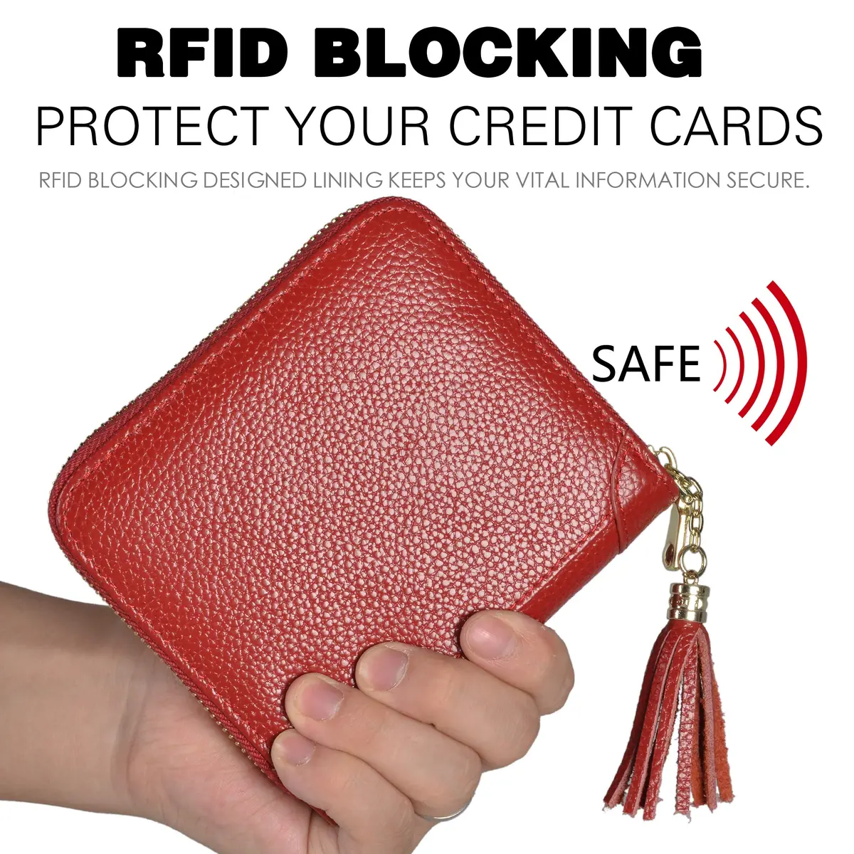 Easyoulife Womens Genuine Leather RFID Blocking Card Holder Wallet with Zipper, 40 Card Slots & 2 ID Windows | Red - view 4