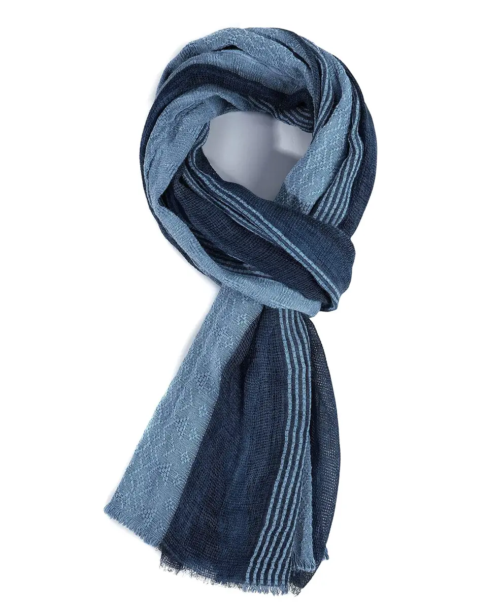 GERINLY Cotton-Linen Scarves Mens Stripe Crinkle Long Scarf Blue | Reversible & Light for All Seasons - view 2