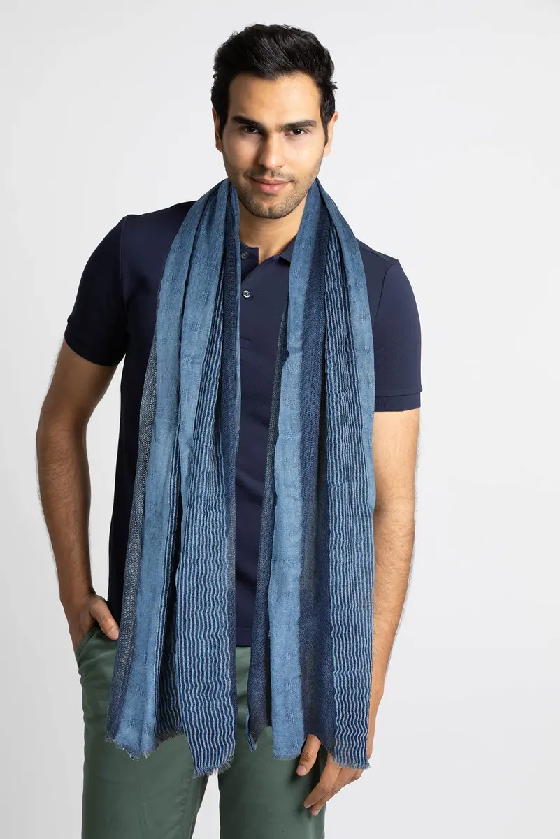 GERINLY Cotton-Linen Scarves Mens Stripe Crinkle Long Scarf Blue | Reversible & Light for All Seasons - view 3