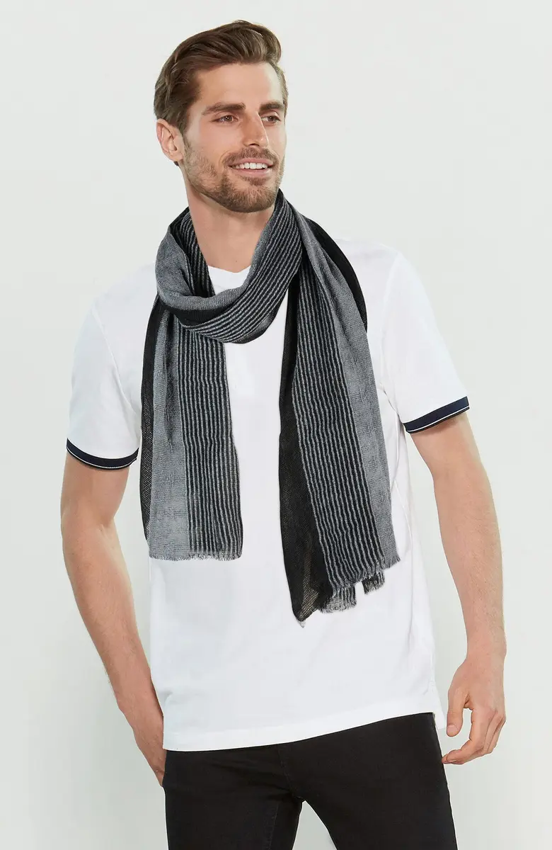 GERINLY Cotton-Linen Men Scarves Stripe Crinkle 75cm x 180cm | Reversible Summer Wrap for Travel & Casual Wear - view 3