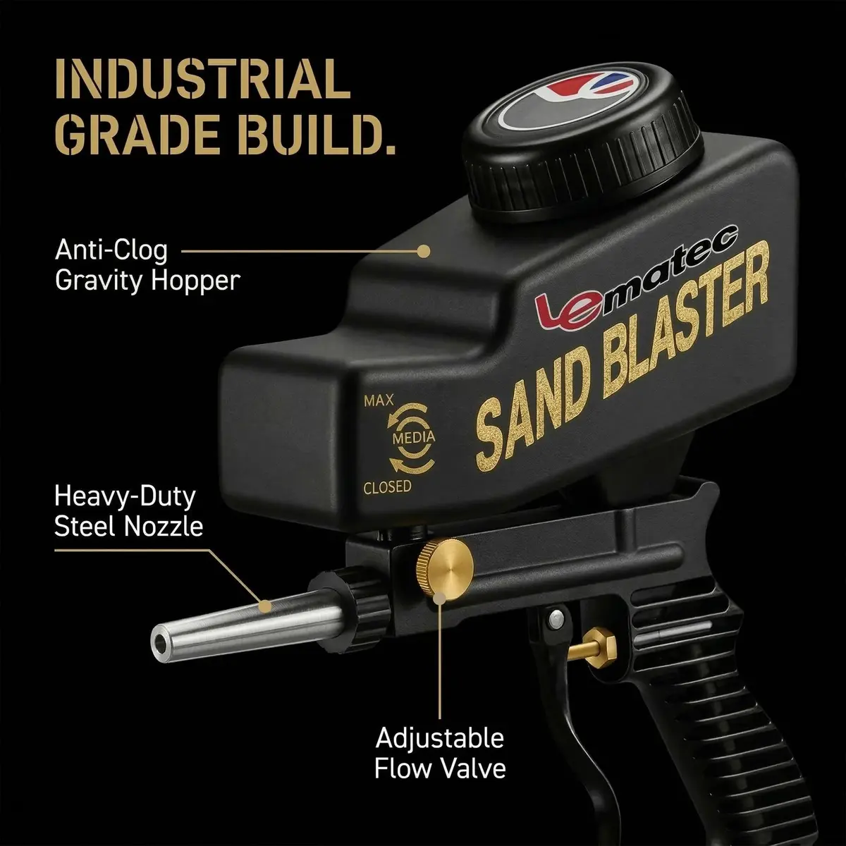 LE LEMATEC Portable Sand Blaster Gun Kit, Pneumatic Tool for Rust Removal | Precision, Dry Air Compatible (110-120 PSI, 4 CFM) - view 4