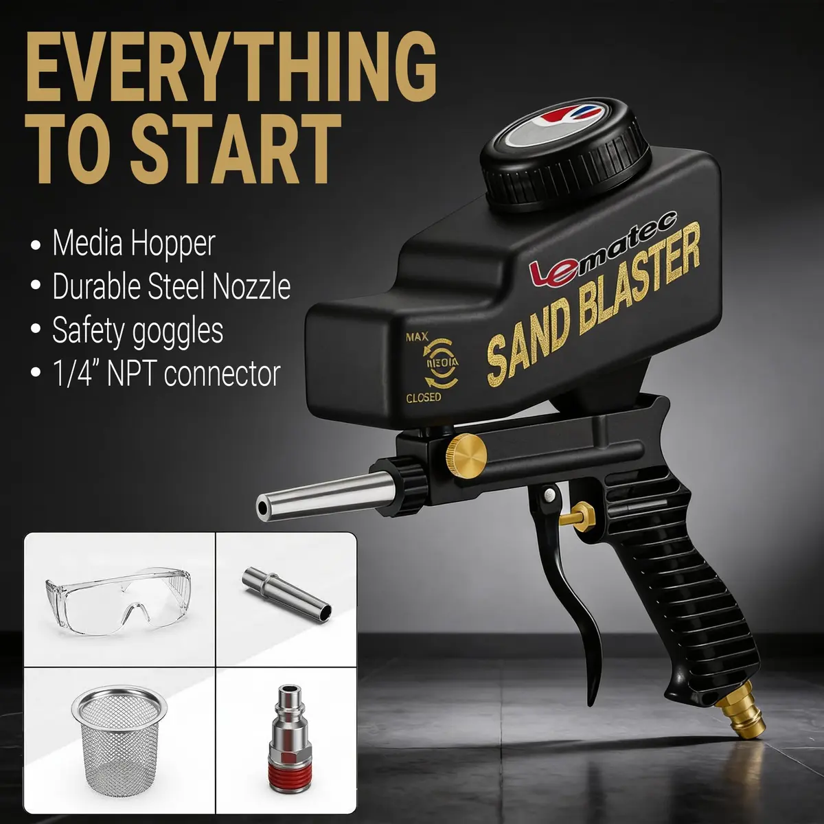 LE LEMATEC Portable Sand Blaster Gun Kit, Pneumatic Tool for Rust Removal | Precision, Dry Air Compatible (110-120 PSI, 4 CFM) - view 5
