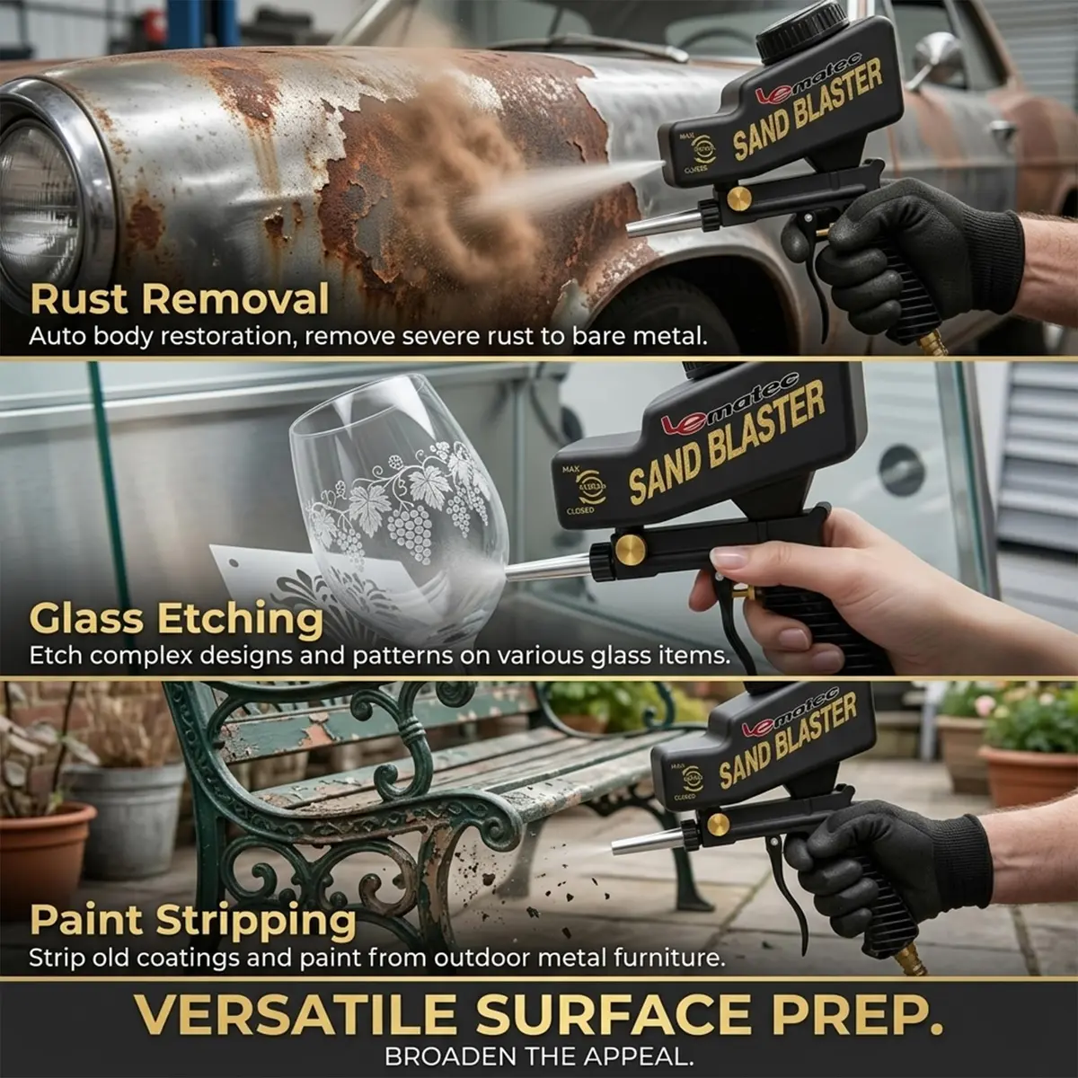 LE LEMATEC Portable Sand Blaster Gun Kit, Pneumatic Tool for Rust Removal | Precision, Dry Air Compatible (110-120 PSI, 4 CFM) - view 7