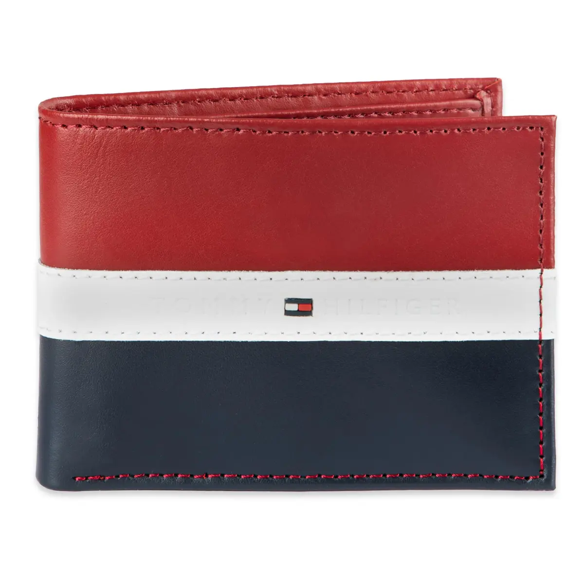 Tommy Hilfiger Men's Leather Bifold Wallet with Removable ID Window, Red/Navy (13.5 cm x 10.9 cm) | RFID Blocking Classic Passcase - main product image