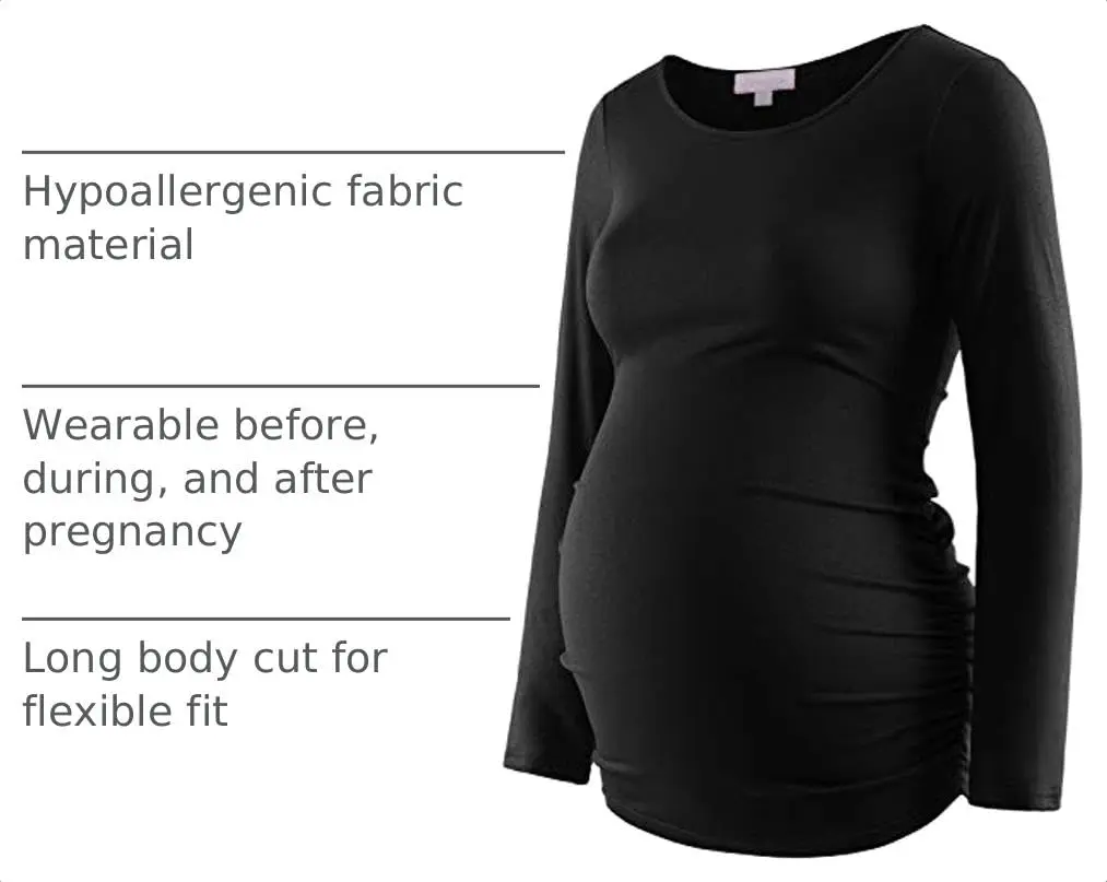 Bhome Maternity Shirt Long Sleeve Basic Top Ruch Sides Bodycon Tshirt for Pregnant Women Black S | Soft, Breathable, Flexible Fit - view 4