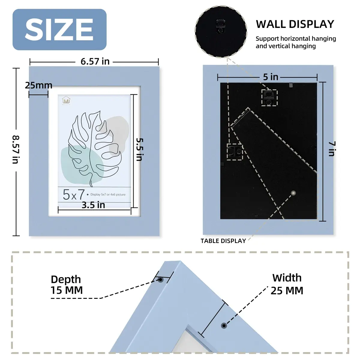 Muzilife Blue 5x7 Wood Picture Frame with Mat, Real Glass Cover, 4 Pack | Classic Rustic Wall & Tabletop Frame - view 3