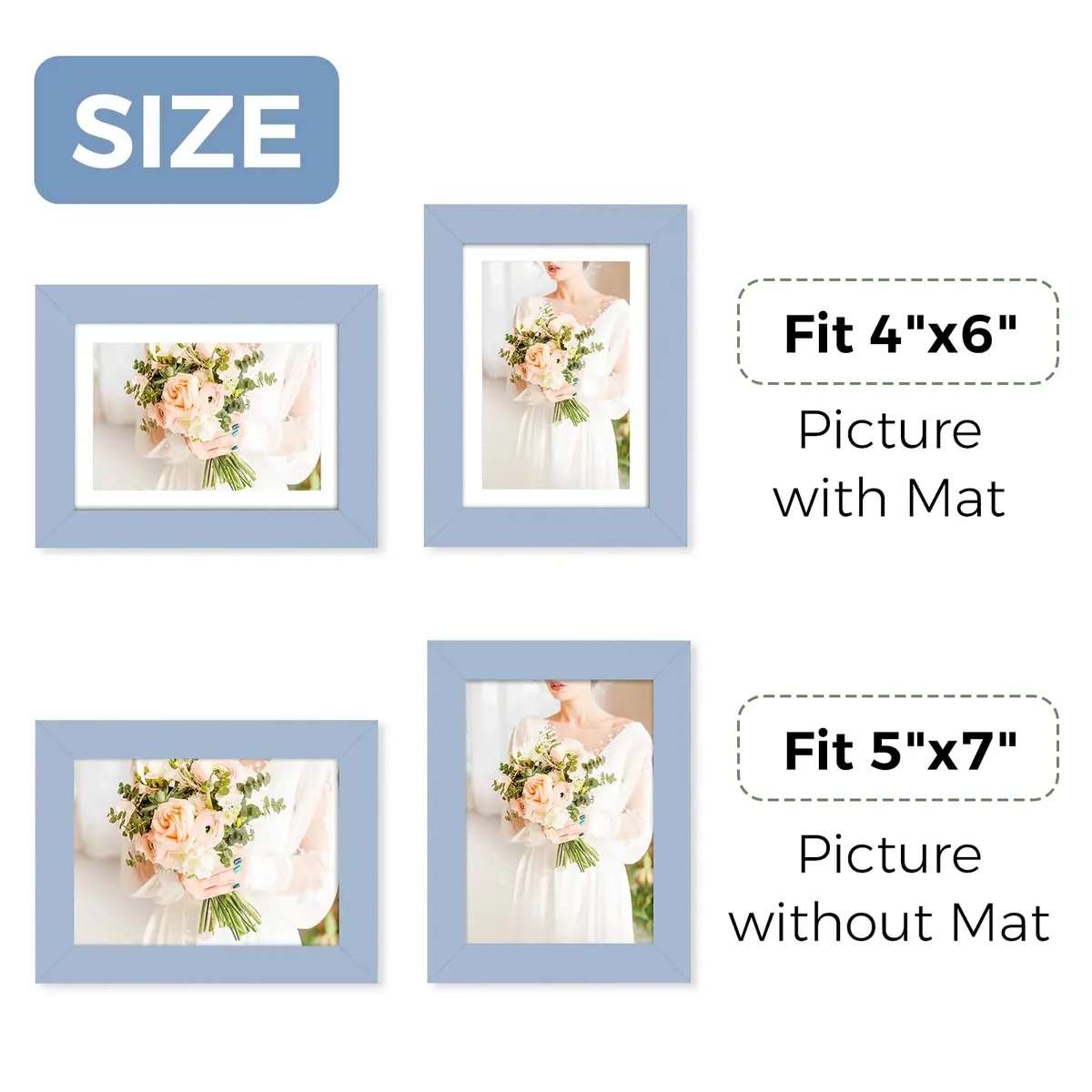 Muzilife Blue 5x7 Wood Picture Frame with Mat, Real Glass Cover, 4 Pack | Classic Rustic Wall & Tabletop Frame - view 4