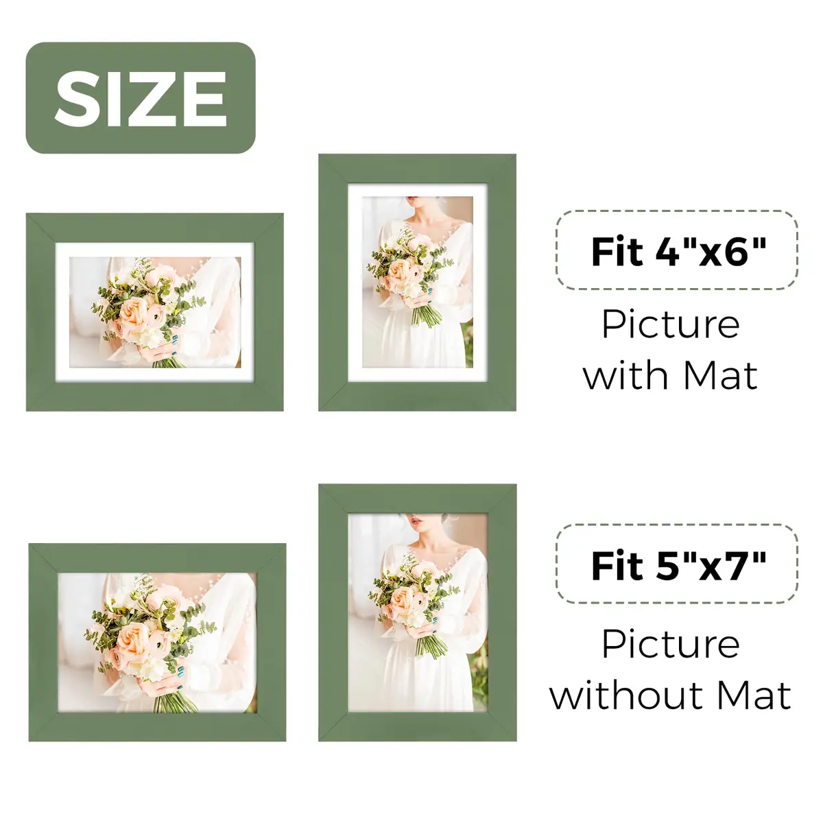Muzilife Green 5x7 Wood Picture Frame with Mat, Real Glass Cover, 4 Pack | Classic Rustic Design for Wall & Tabletop Display - view 3