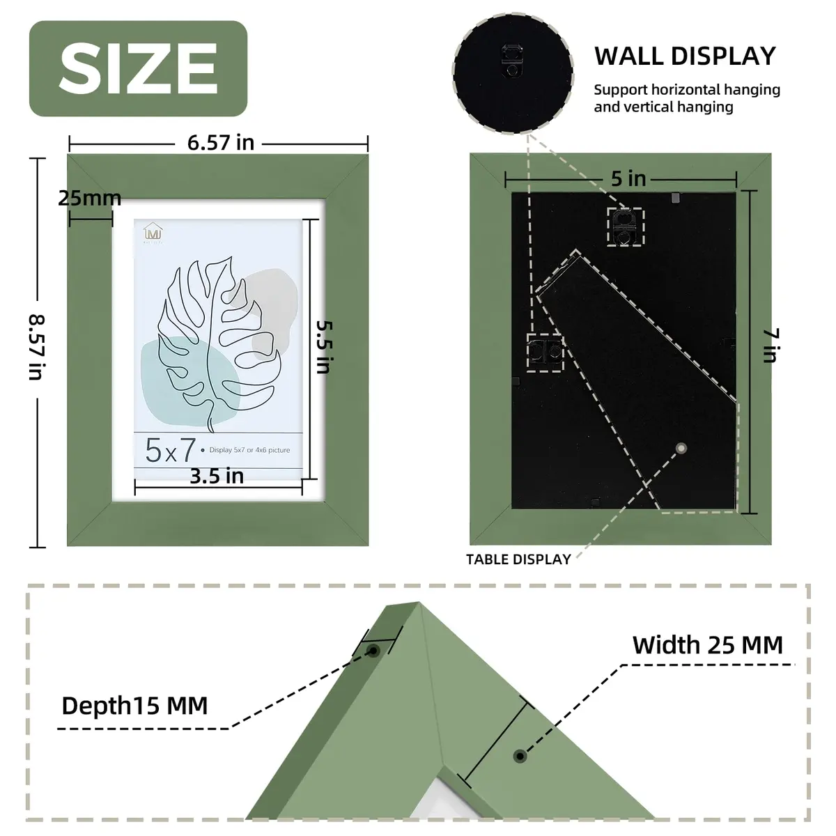 Muzilife Green 5x7 Wood Picture Frame with Mat, Real Glass Cover, 4 Pack | Classic Rustic Design for Wall & Tabletop Display - view 4