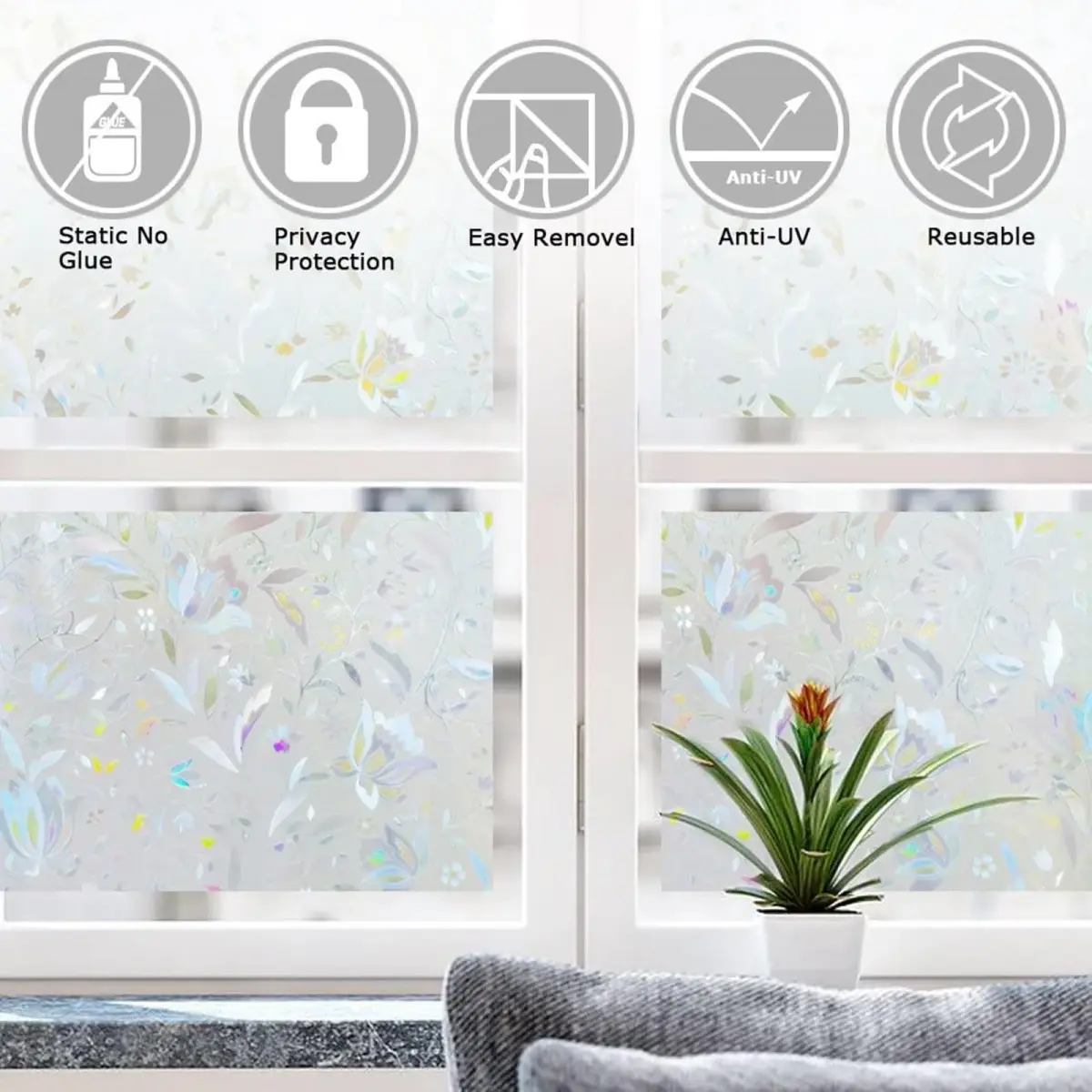 LEMON CLOUD Tulip Stained Glass Window Film 60cm x 200cm (23.6" x 78.7") | Static Cling Privacy & Rainbow Effect - view 6