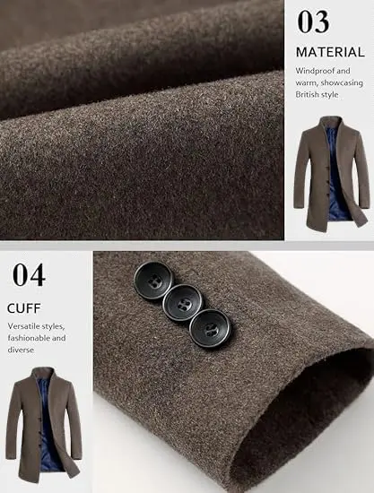 Lavnis Men's Wool Blend Trench Coat Slim Fit Overcoat Khaki 1.11 kg (2.45 lb) | Classic Winter Style for India - view 6