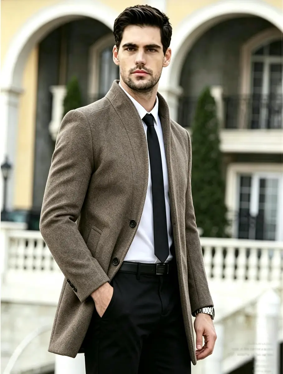 Lavnis Men's Wool Blend Trench Coat Slim Fit Overcoat Khaki 1.11 kg (2.45 lb) | Classic Winter Style for India - view 2