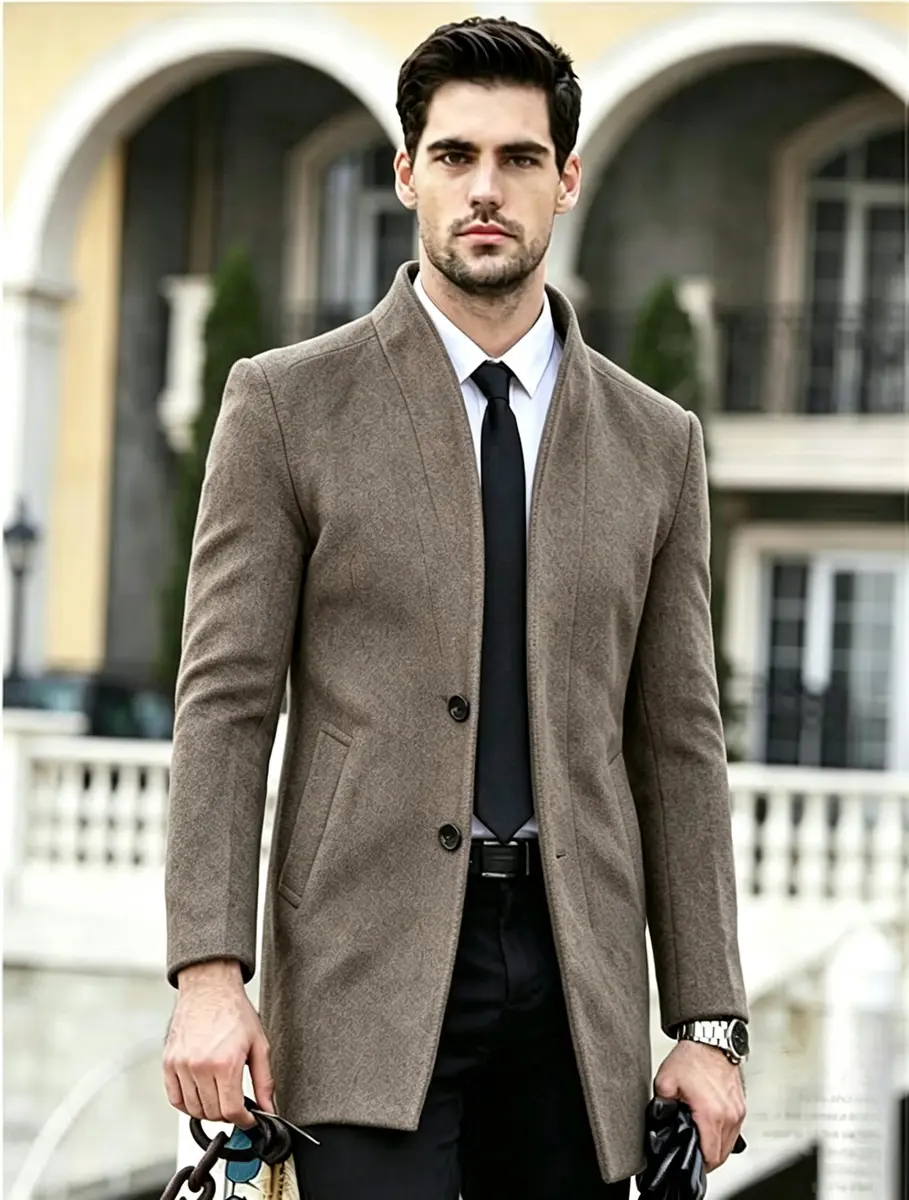 Lavnis Men's Wool Blend Trench Coat Slim Fit Overcoat Khaki 1.11 kg (2.45 lb) | Classic Winter Style for India - view 3