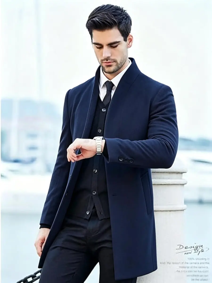 Lavnis Men's Wool Blend Trench Coat Slim Fit Overcoat Navy-2 XL | Classic Style for Indian Winters - view 2