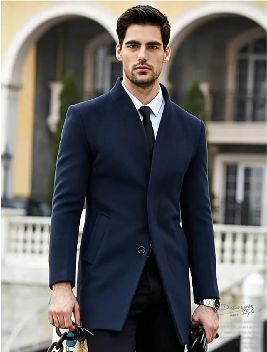 Lavnis Men's Wool Blend Trench Coat Slim Fit Overcoat Navy-2 XL | Classic Style for Indian Winters - view 3