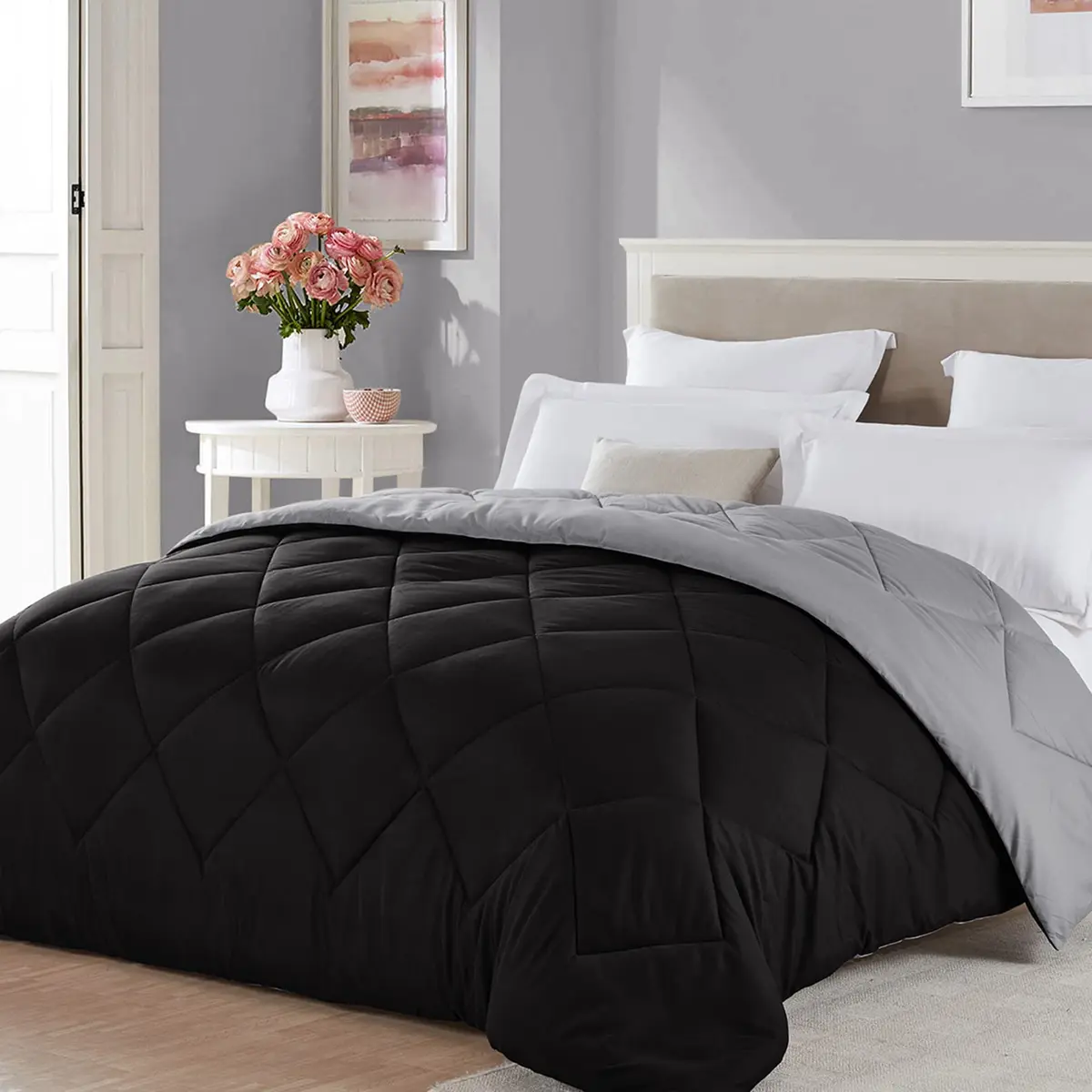 Seward Park Full Queen Size Reversible Comforter Black Grey | All Season Bedding - main product image