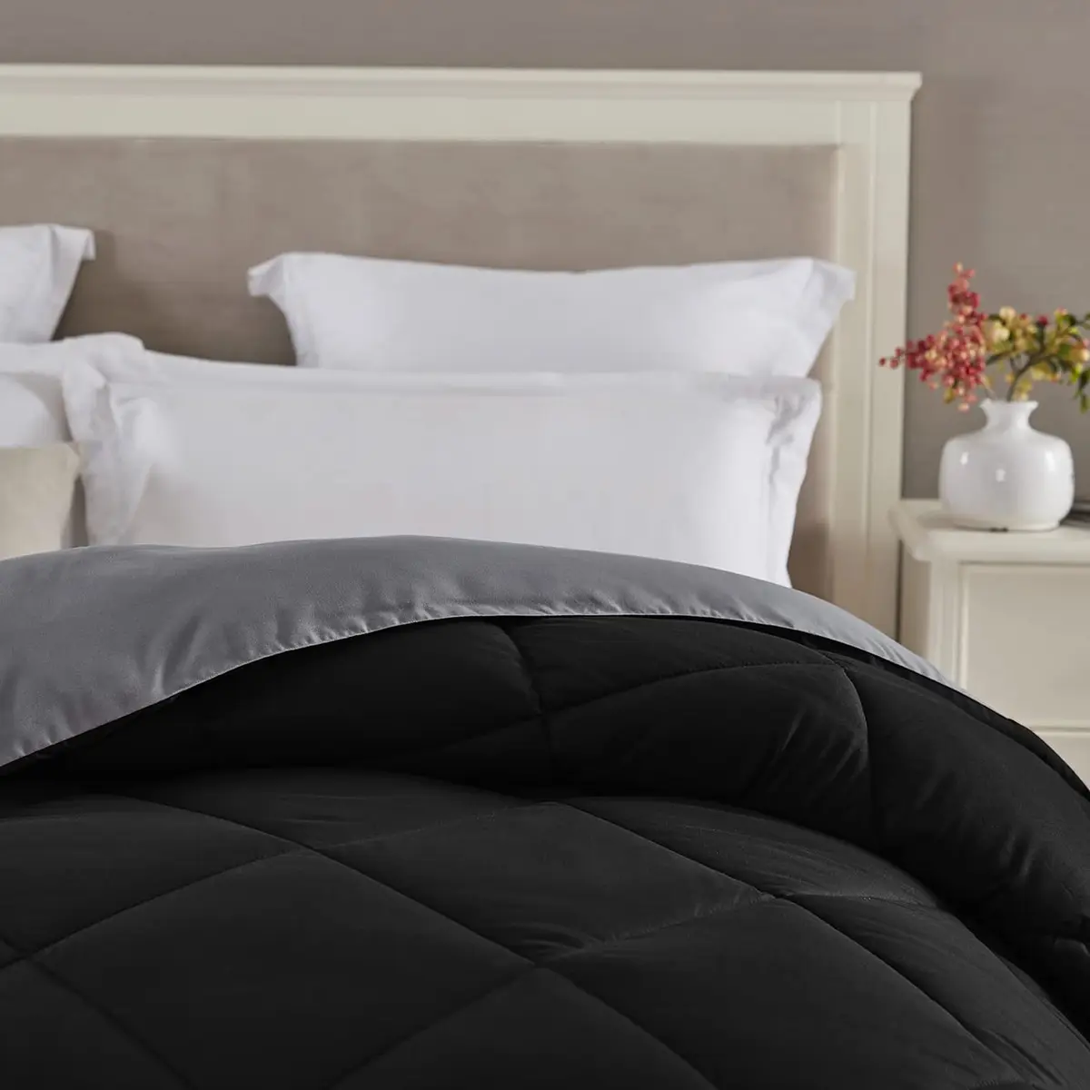 Seward Park Full Queen Size Reversible Comforter Black Grey | All Season Bedding - view 2