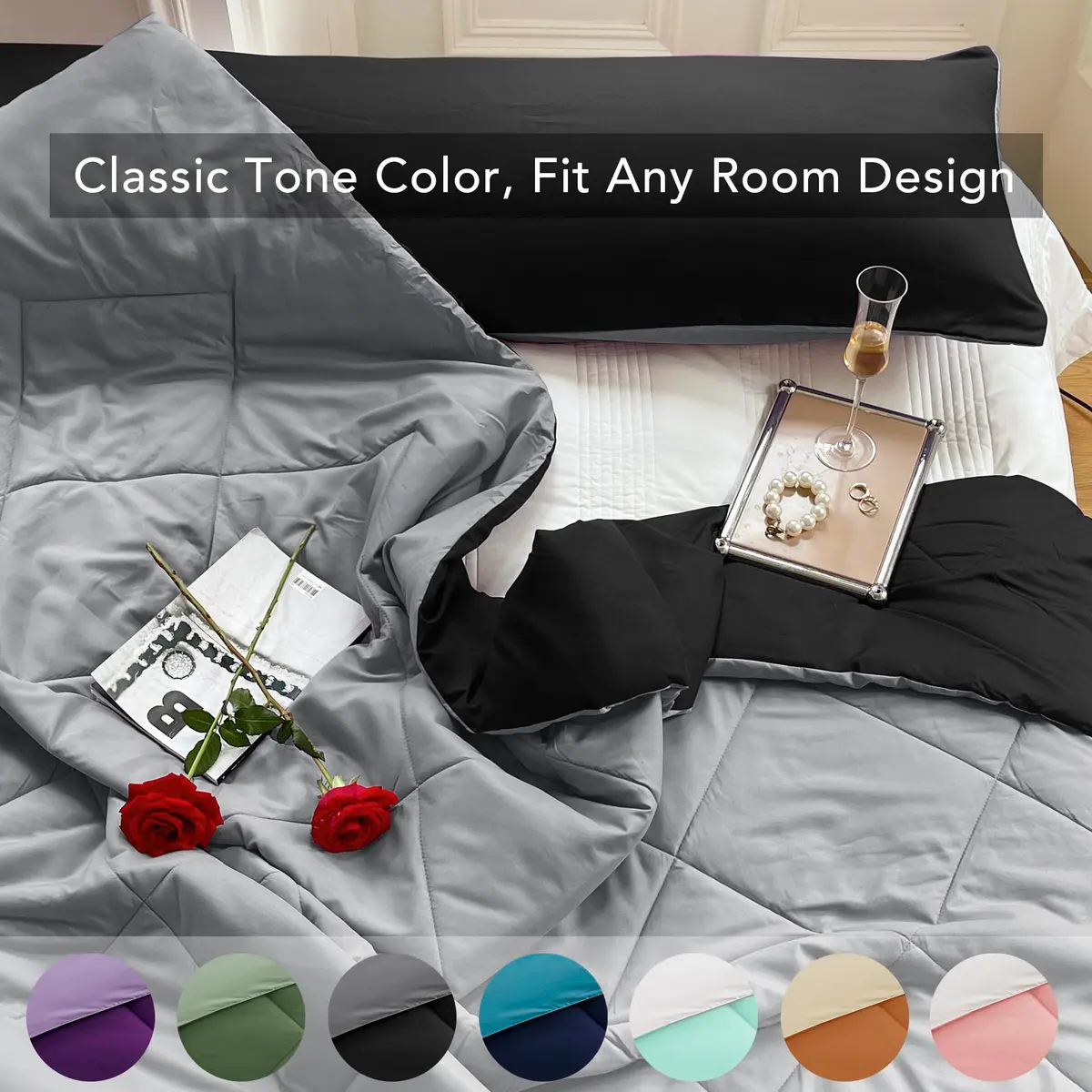 Seward Park Full Queen Size Reversible Comforter Black Grey | All Season Bedding - view 4