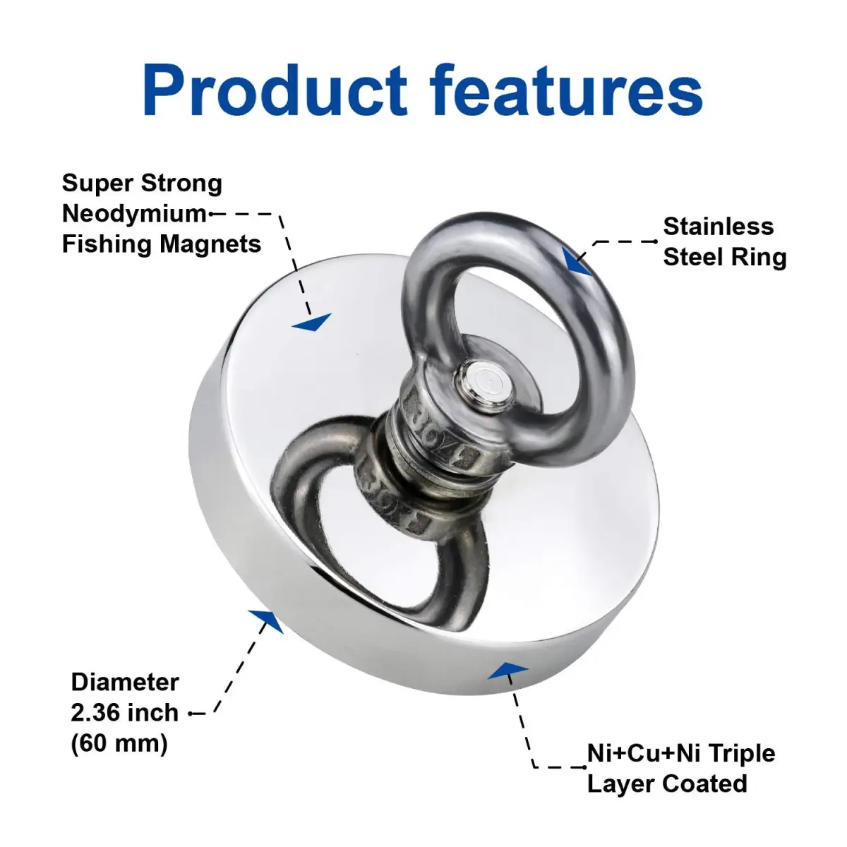 DIYMAG Super Strong Neodymium Fishing Magnet 60mm (2.36 Inch) 227kg (500 LBS) Pulling Force with Countersunk Hole | Industrial Lifting Magnet - view 3