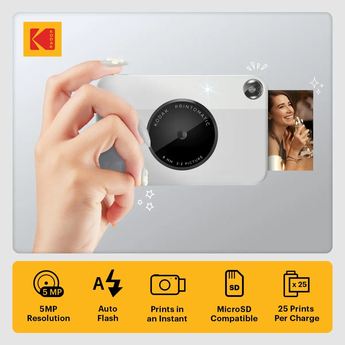 KODAK Printomatic Instant Print Camera Grey | 5MP, 2x3" Sticky-Back Prints - view 2