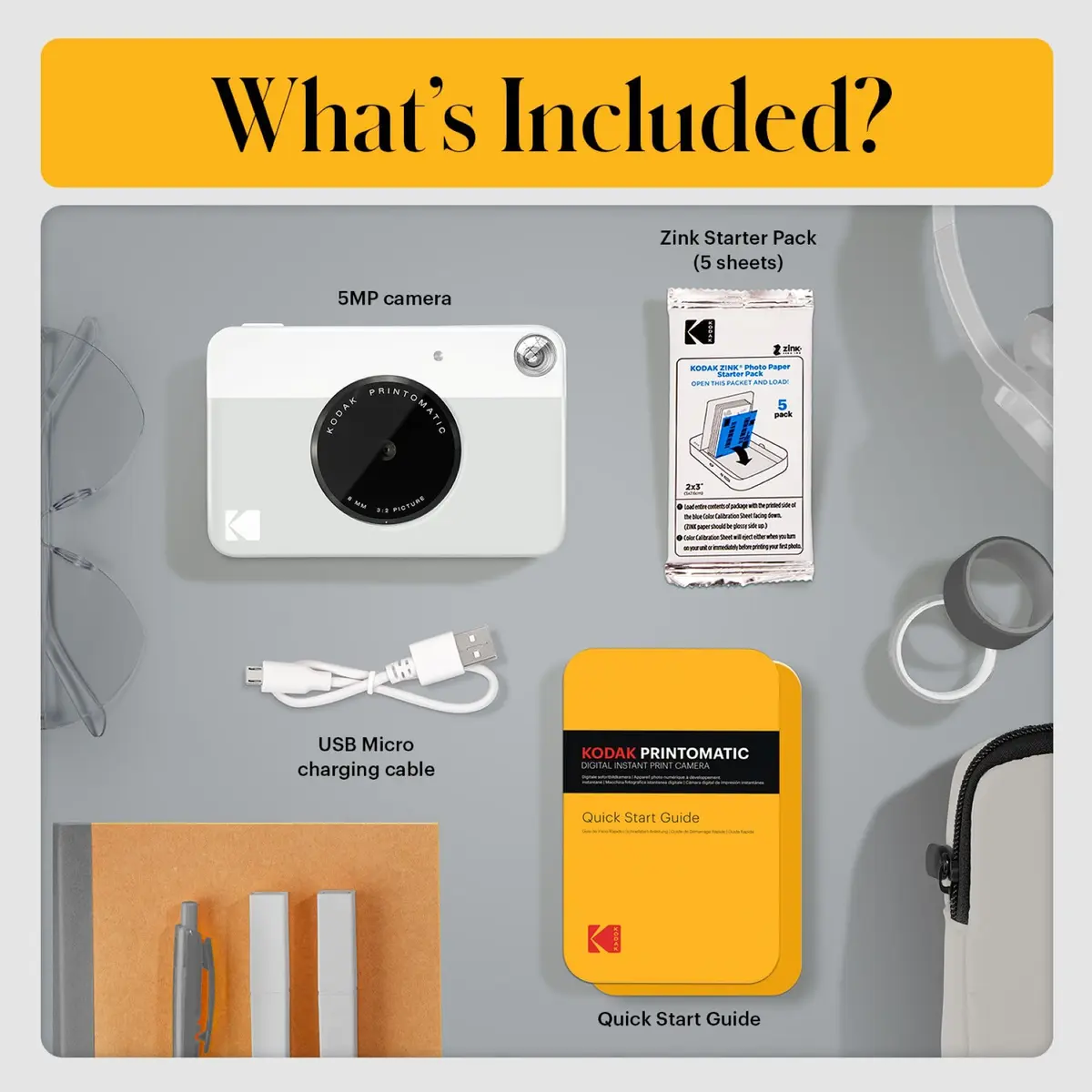 KODAK Printomatic Instant Print Camera Grey | 5MP, 2x3" Sticky-Back Prints - view 3