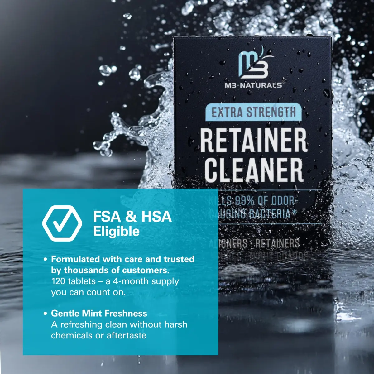 M3 Naturals Mint Retainer Cleaner Tablets 120 Count (4 Month Supply) | Cleans Aligners, Dentures, Mouth Guards - view 6