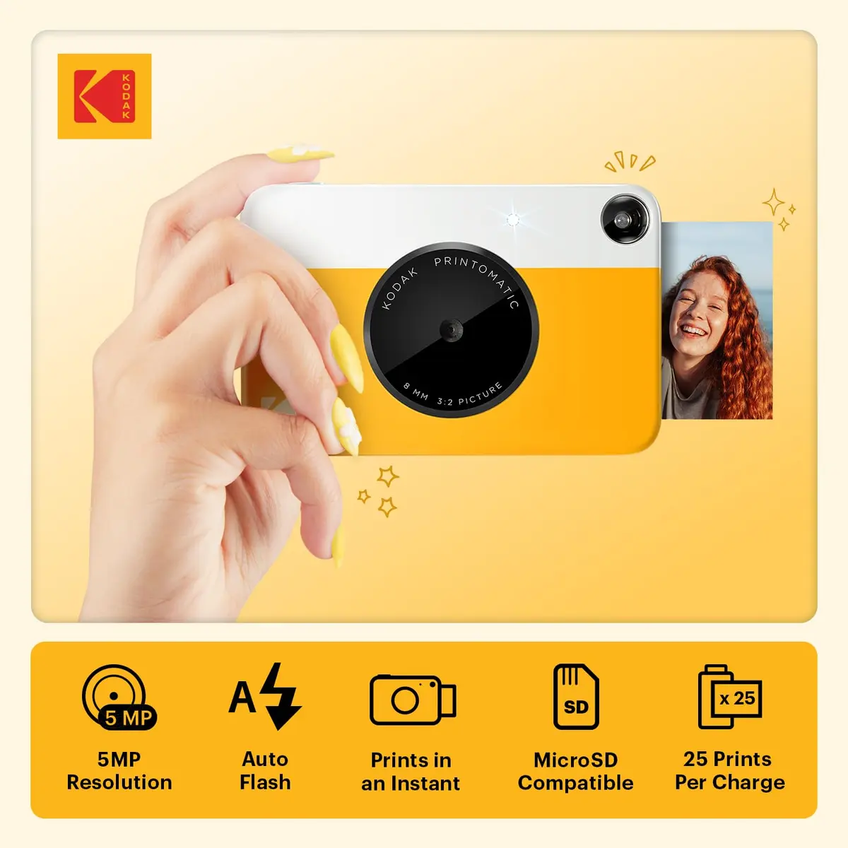 KODAK Printomatic Instant Print Camera Yellow 5MP | Instant Prints with Zink Sticky-Back Paper - view 2