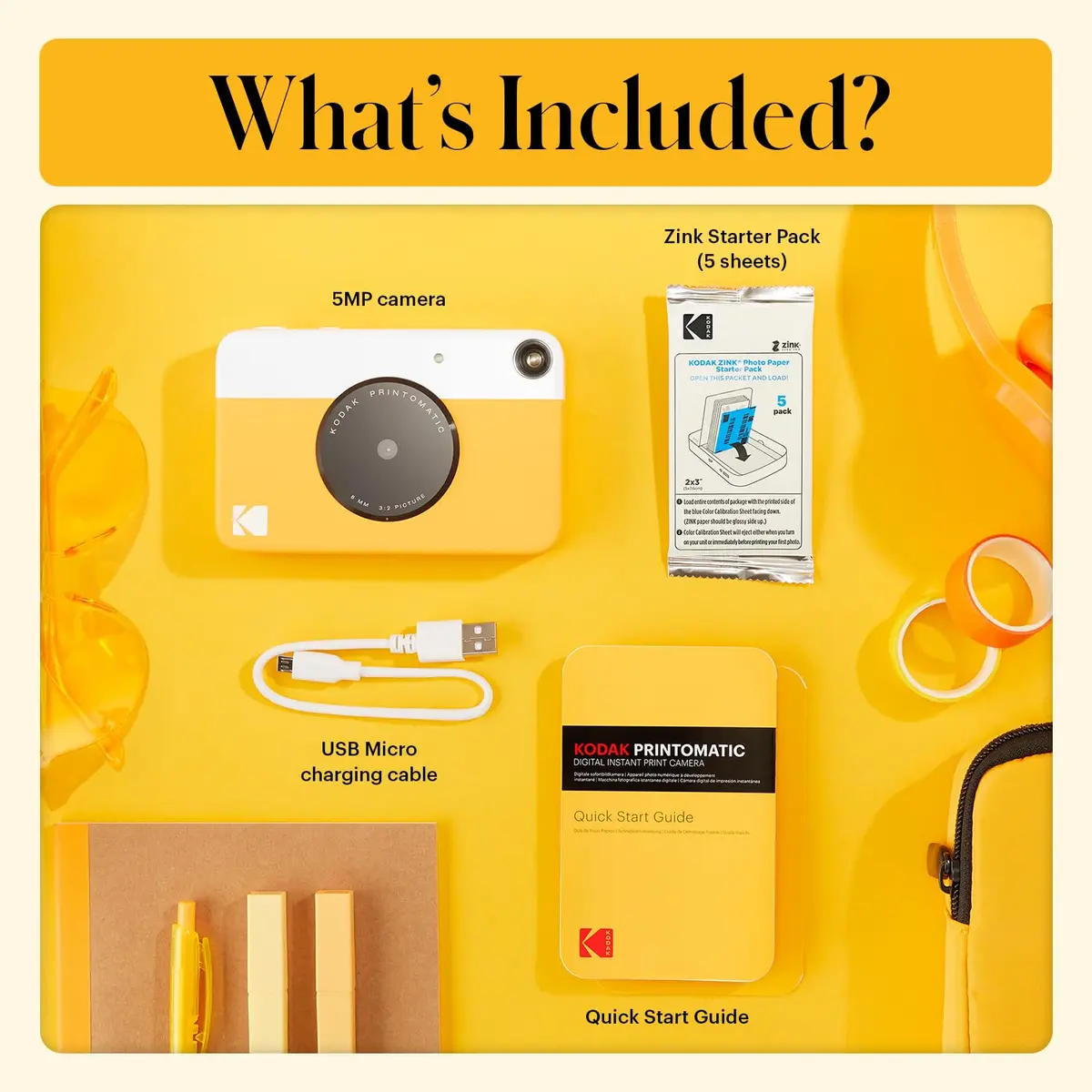 KODAK Printomatic Instant Print Camera Yellow 5MP | Instant Prints with Zink Sticky-Back Paper - view 3