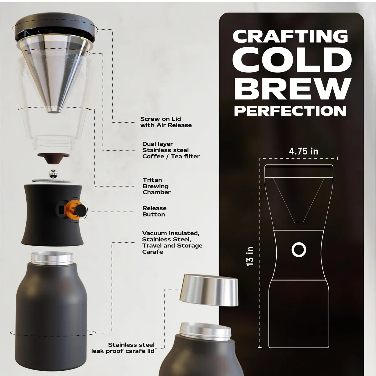 asobu Cold Brew Coffee Maker, Award-Winning 40oz Insulated Cold Brew Brewer with Portable Stainless Steel Carafe – No.1 Europe Coffee Fest Winner, Leakproof, BPA-Free, Keeps Cold 24H - view 7