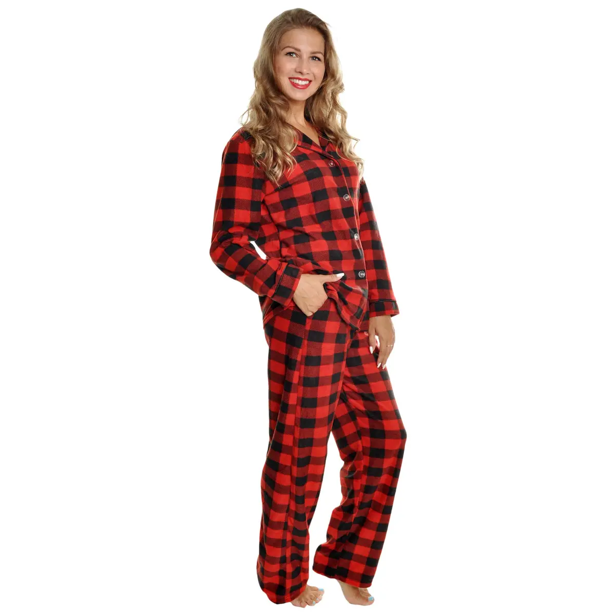 Angelina Women's Pajama Set Cozy Fleece with Notch Collar and Pockets | PJ56_XL | Black & Red Plaid - main product image