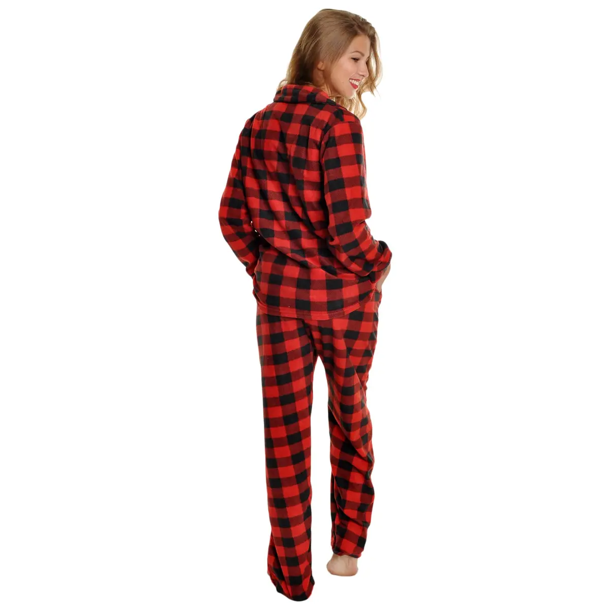 Angelina Women's Pajama Set Cozy Fleece with Notch Collar and Pockets | PJ56_XL | Black & Red Plaid - view 2