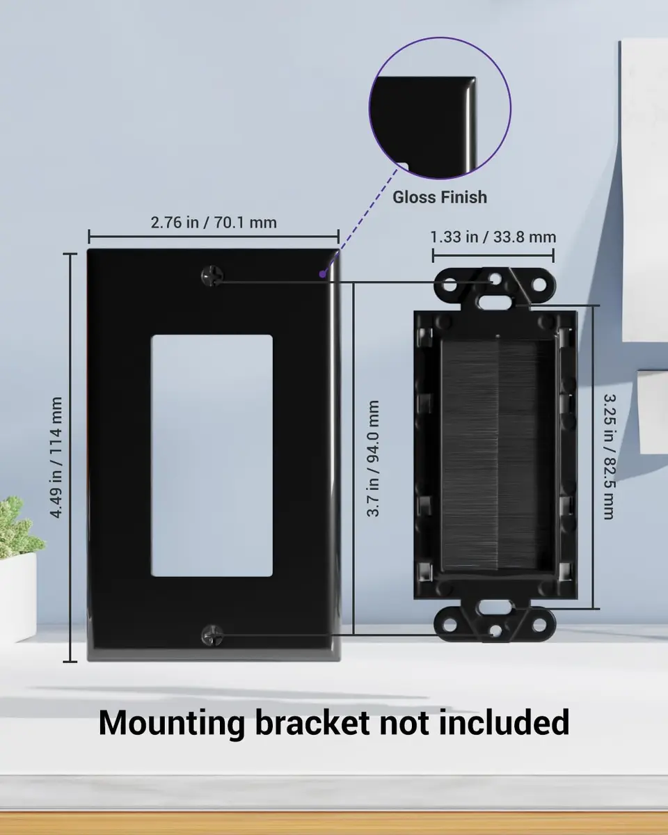 VCE Brush Wall Plate for Low Voltage Cables, Black, 2-Pack | Single Gang Decorator Cover for TV Mounts - view 3