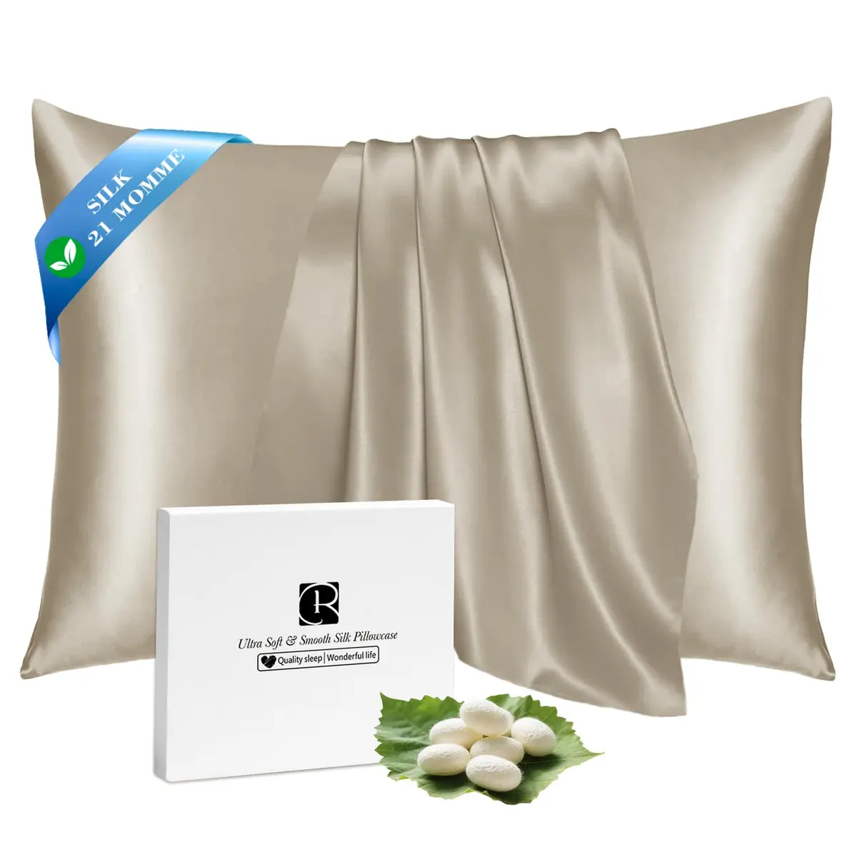 Ravmix 21 Momme 100% Mulberry Silk Pillow Case Standard 20x26 inches, Taupe | Frizz-Free Hair & Skin Care, Breathable & Cooling - main product image