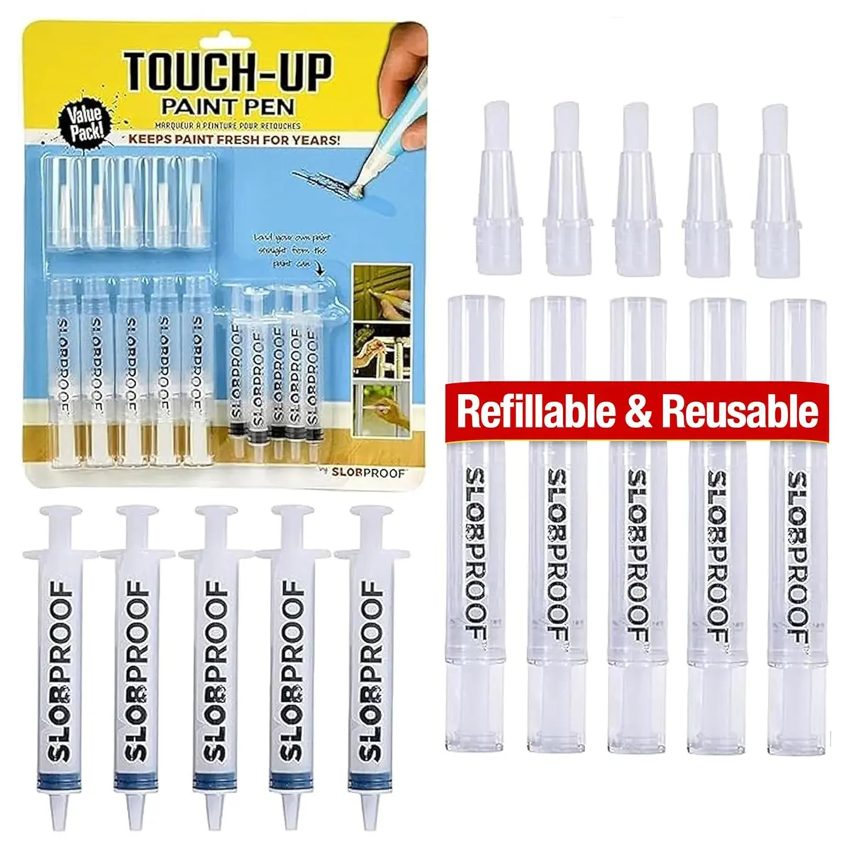 Slobproof Refillable Touch-Up Paint Pen 50ml (1.7 Fl Oz) 5-Pack | Precision Brush Tip for Walls & Furniture - main product image