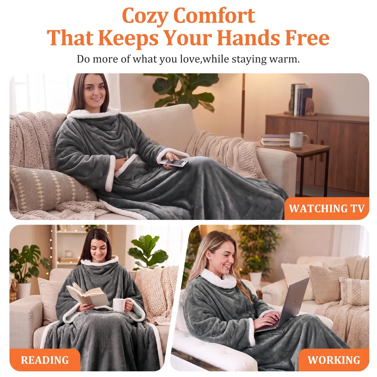 Catalonia Sherpa Wearable Blanket with Sleeves and Pocket | Cozy Adult Throw with Sleeves, 72" x 55" - view 5