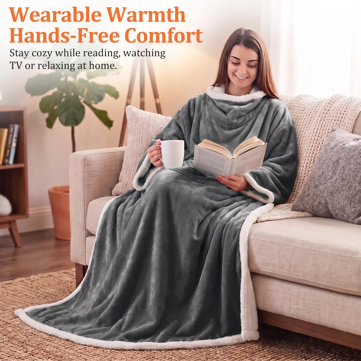 Catalonia Sherpa Wearable Blanket with Sleeves and Pocket | Cozy Adult Throw with Sleeves, 72" x 55" - view 2