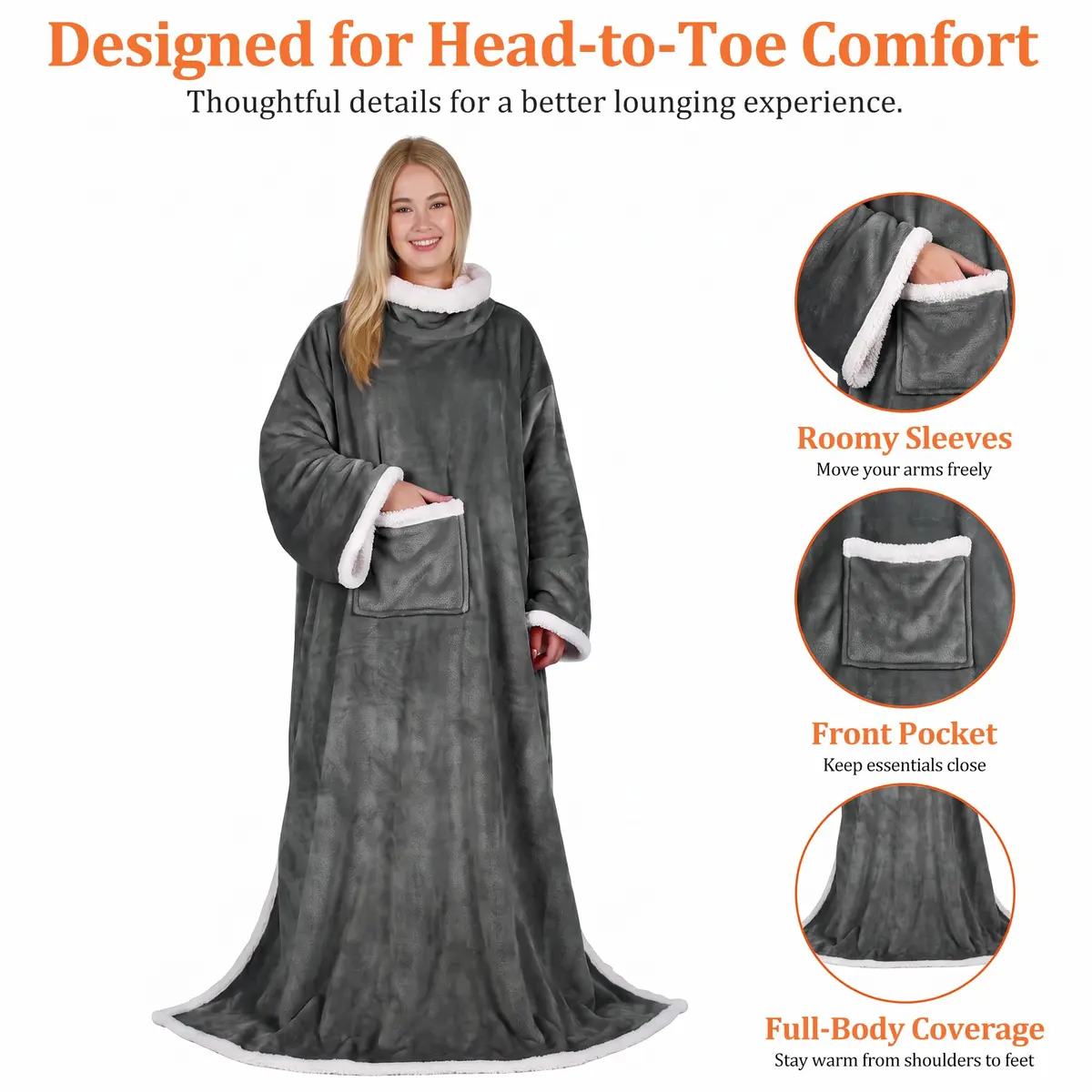 Catalonia Sherpa Wearable Blanket with Sleeves and Pocket | Cozy Adult Throw with Sleeves, 72" x 55" - view 3