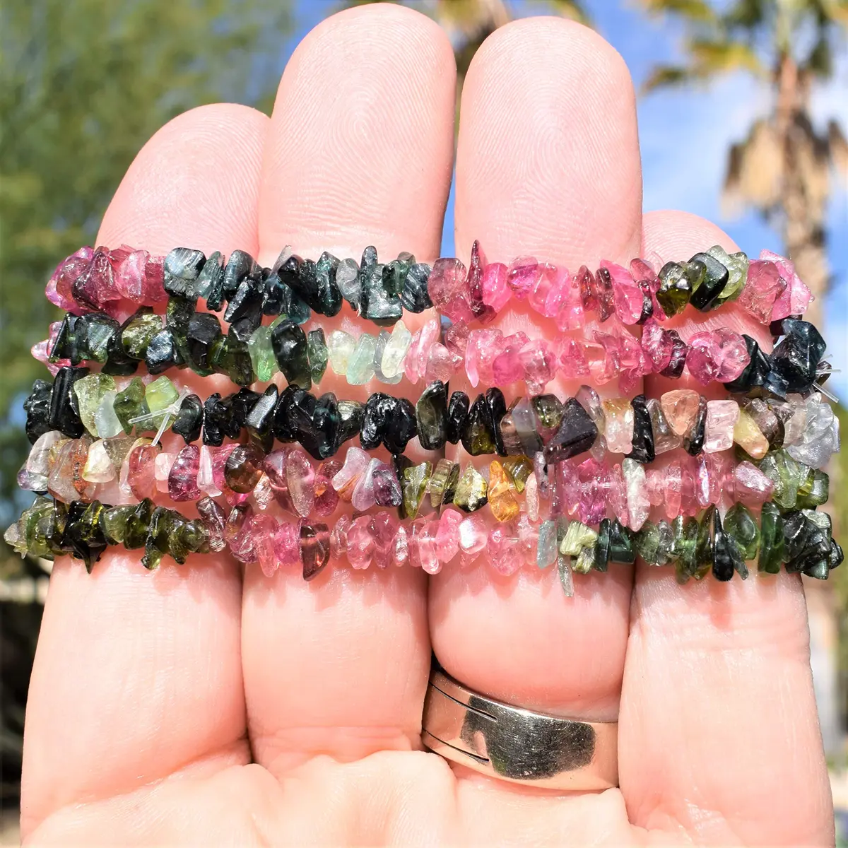 Zenergy Gems CHARGED Rainbow Tourmaline Crystal Chip Stretchy Bracelet 7.1in | Reduce Stress & Tension - view 3
