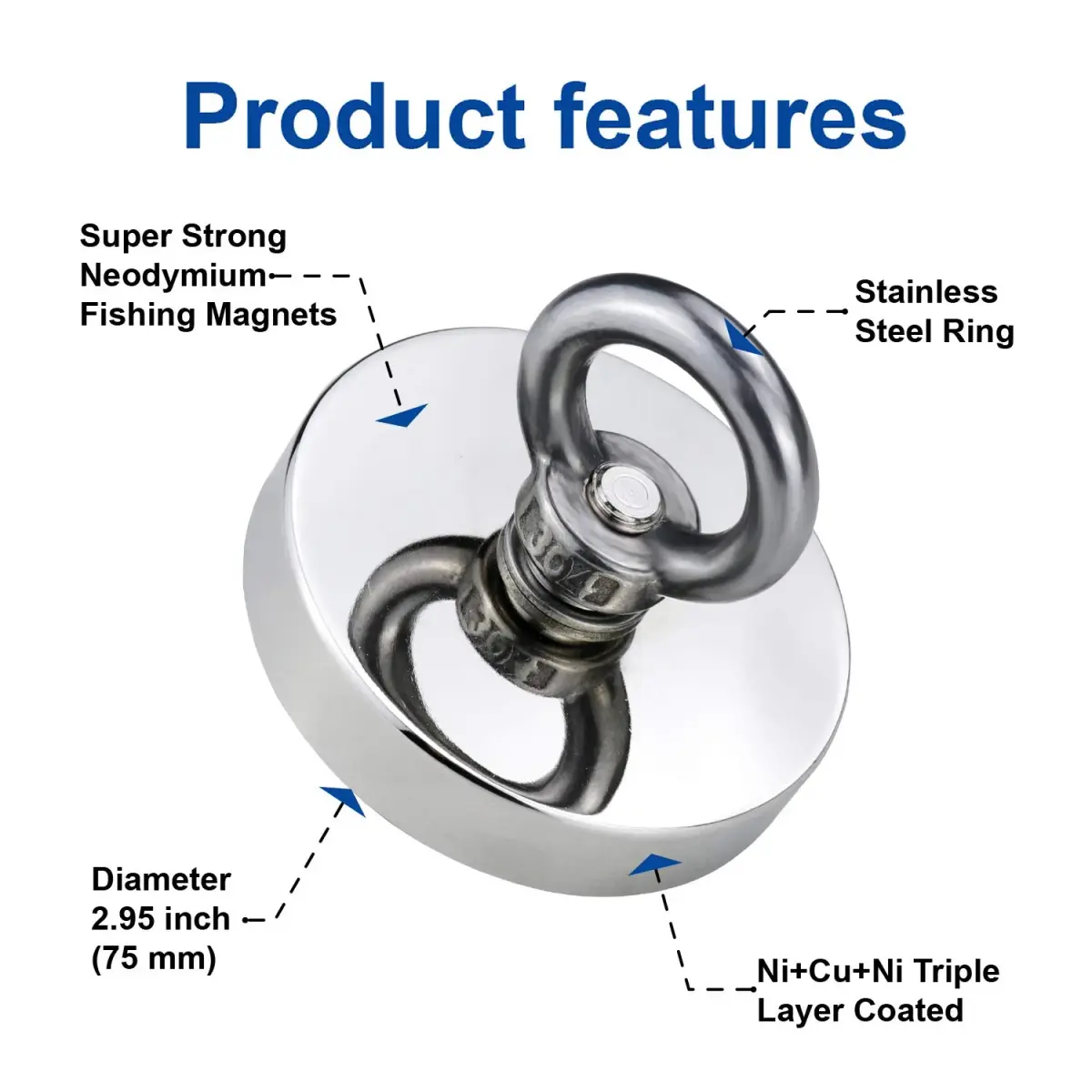 DIYMAG Fishing Magnet with Countersunk Hole 75mm (2.95") 650 LBS Pulling Force | Heavy Duty Neodymium Rare Earth Magnet for Lifting and Retrieval - view 5