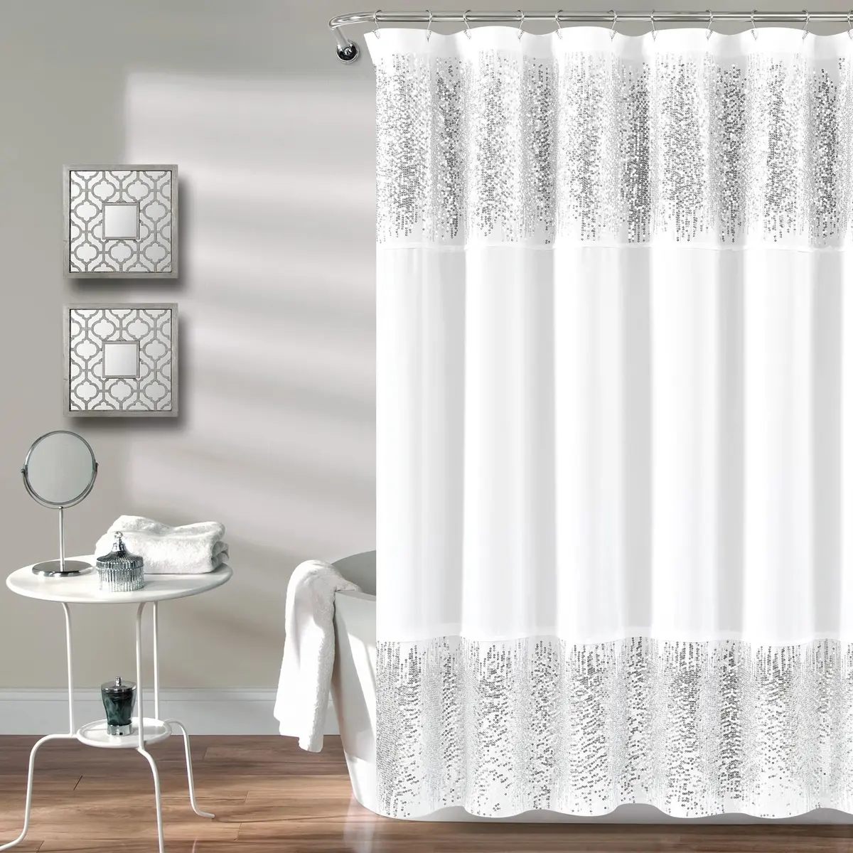Lush Decor Shimmer Sequins Shower Curtain 70"W x 72"L Silver | Glam Bathroom Decor - main product image