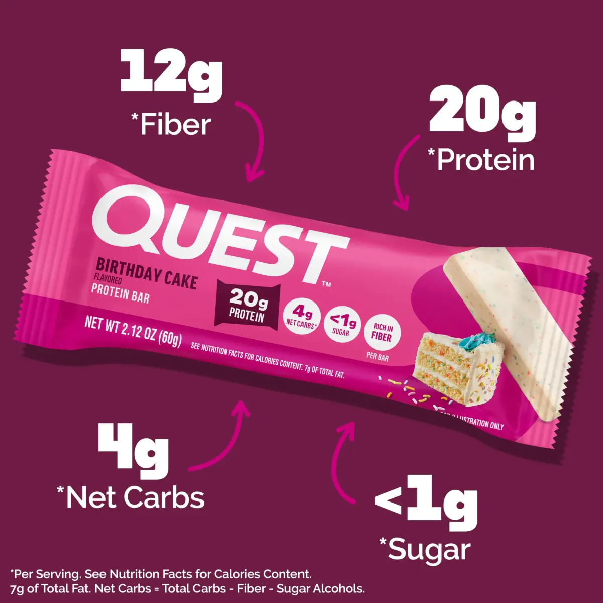 Quest Birthday Cake Protein Bar 20g Protein 1g Sugar Gluten Free Keto Friendly (12 Count) - view 2