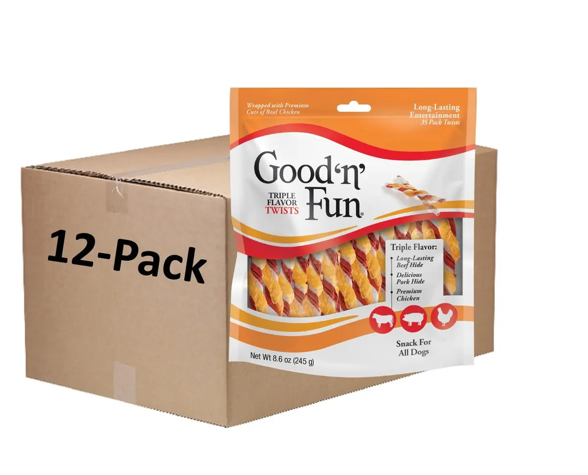 GOOD 'N' FUN Twists Long-Lasting Dog Treats 8.6 oz (12 Pack) | Triple Flavor Chews for Dental Health - main product image