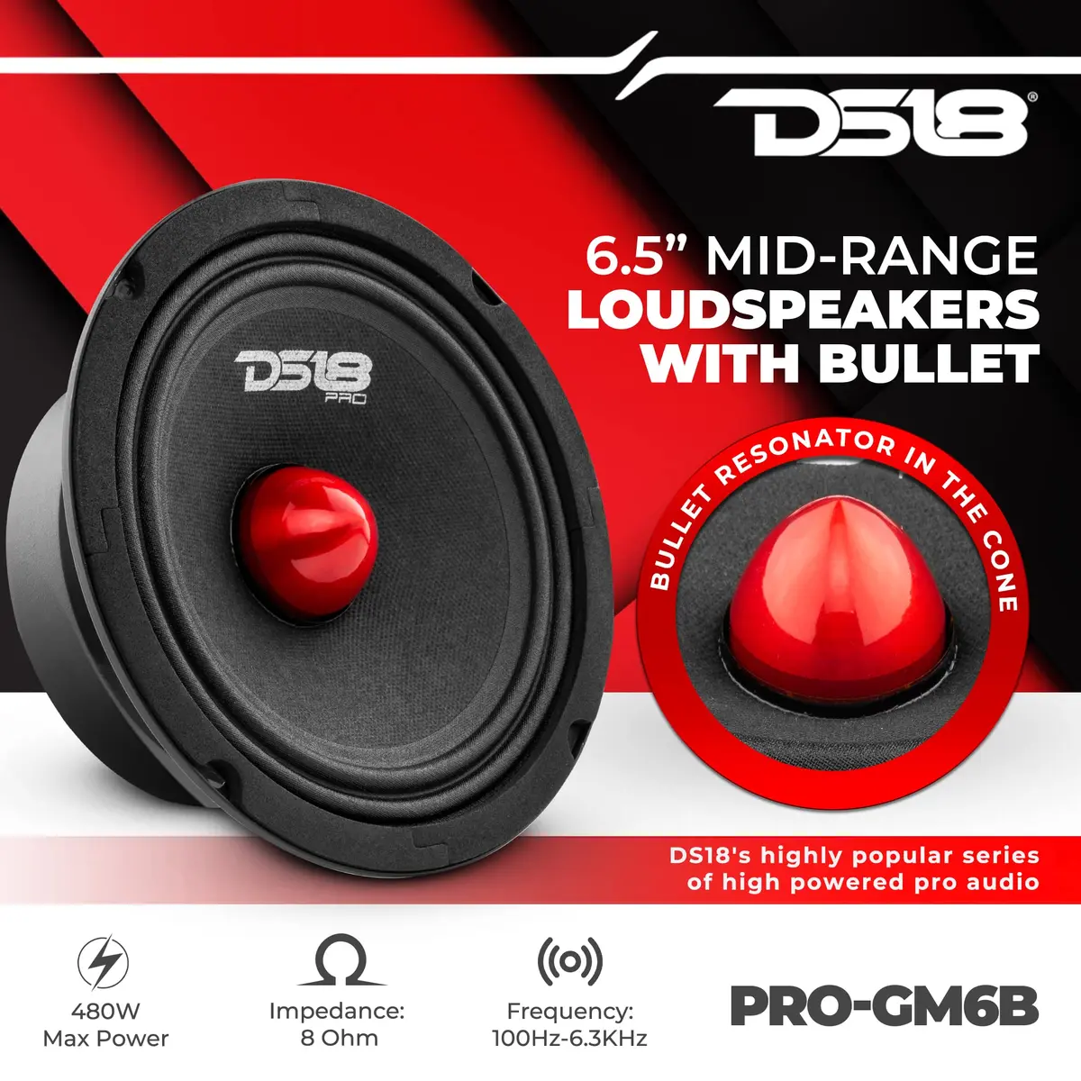 DS18 PRO-GM6B 6.5" Midrange Loudspeaker | 480W Max, 140W RMS, 8 Ohms, Red Aluminum Bullet - view 2