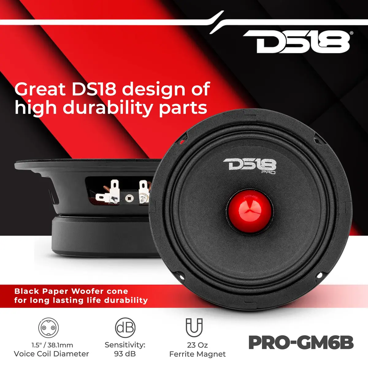 DS18 PRO-GM6B 6.5" Midrange Loudspeaker | 480W Max, 140W RMS, 8 Ohms, Red Aluminum Bullet - view 3
