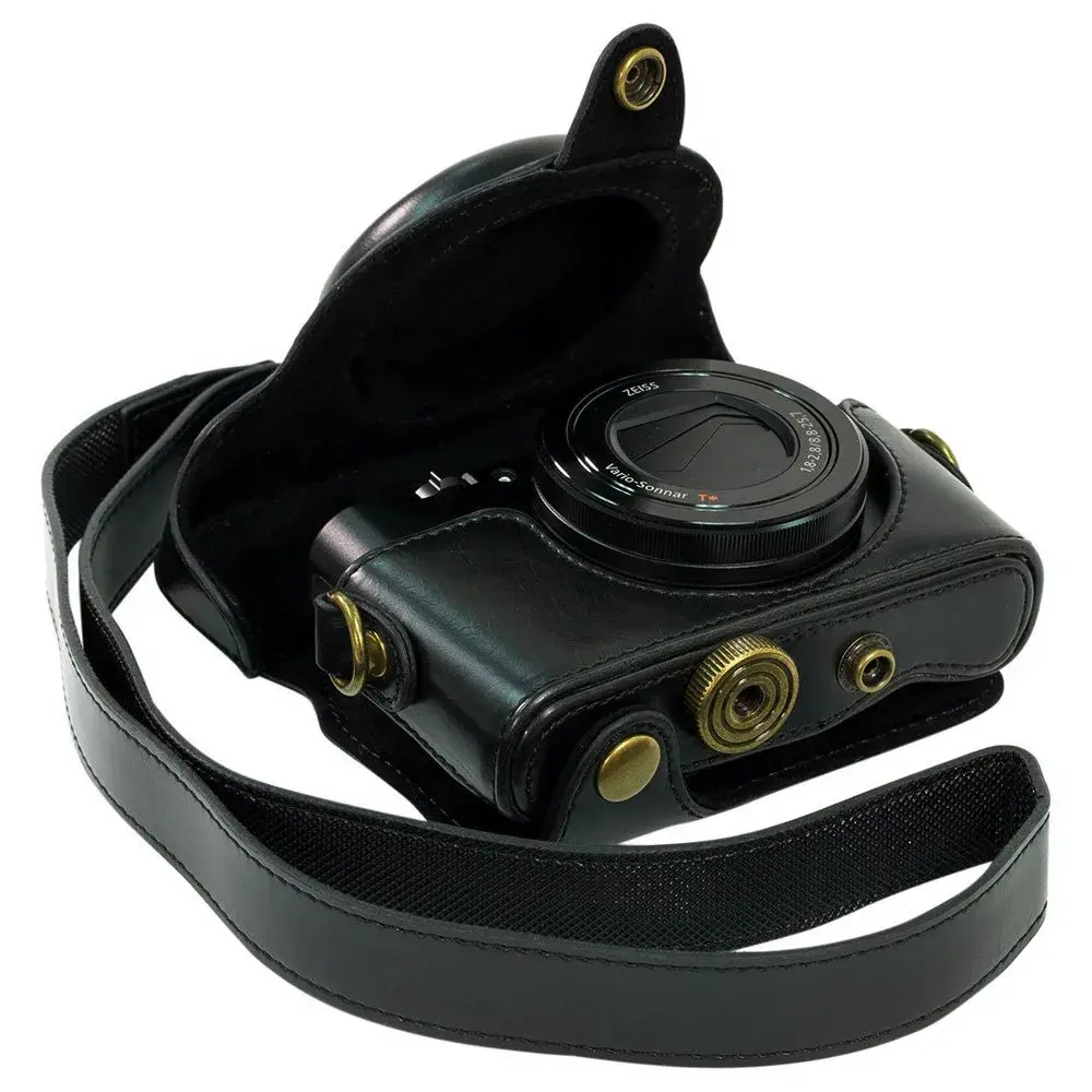 ENJOY-UNIQUE PU Leather Camera Bag Case for Sony RX100 Series (Black) | Detachable Front Cap & Tripod Mount - main product image