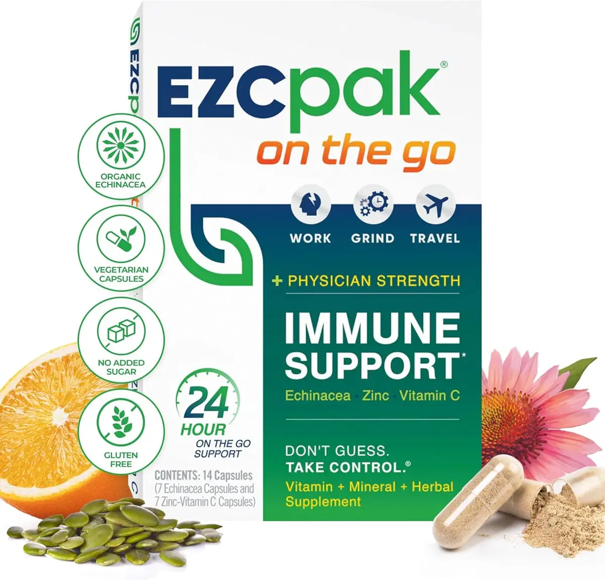 EZC Pak On The Go Immune System Booster with Echinacea, Vitamin C, Zinc | Travel-Friendly, Physician Formulated, Vegetarian - main product image