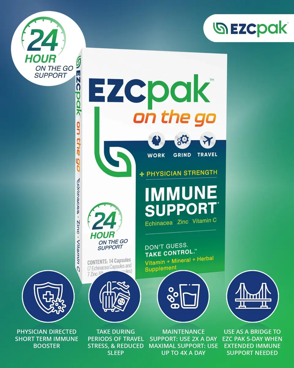 EZC Pak On The Go Immune System Booster with Echinacea, Vitamin C, Zinc | Travel-Friendly, Physician Formulated, Vegetarian - view 3